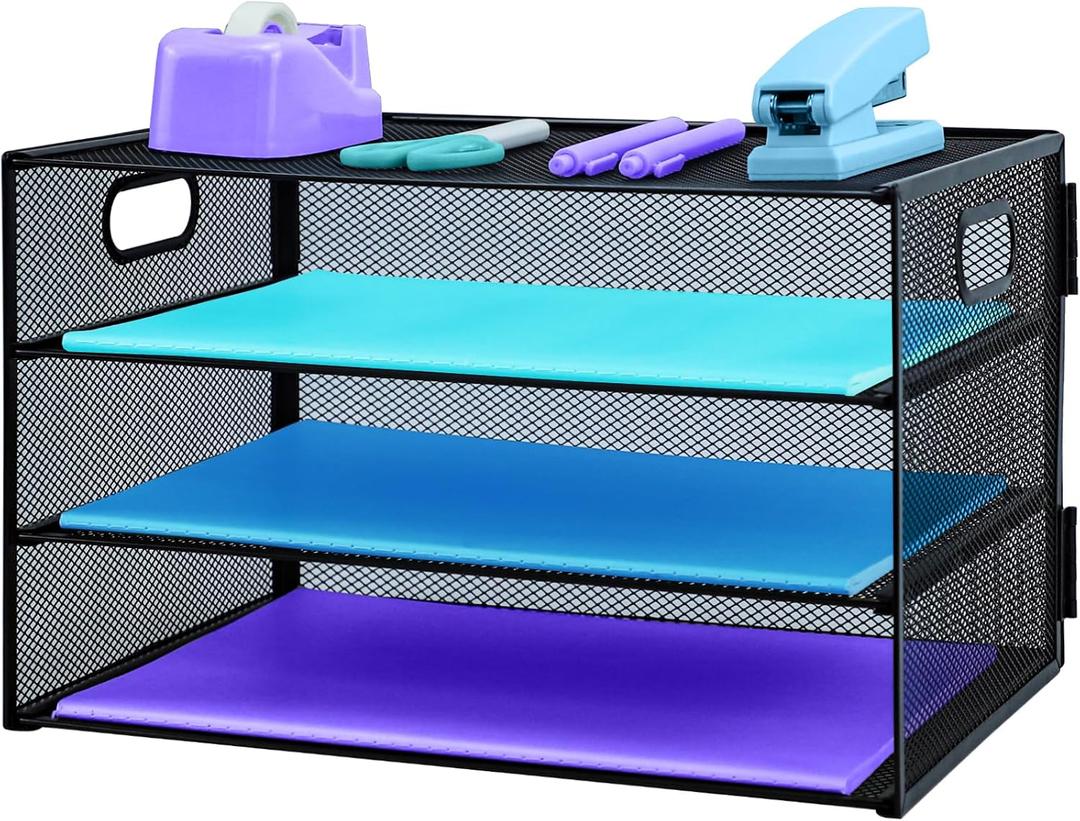 3 Tier Desk Organiser with Handle, Pull-Out Mesh File Organizer for Letter Tray Organizer Mesh Desk Organiser Tray Paper Storage Rack for A4 File Office Supplie, Black