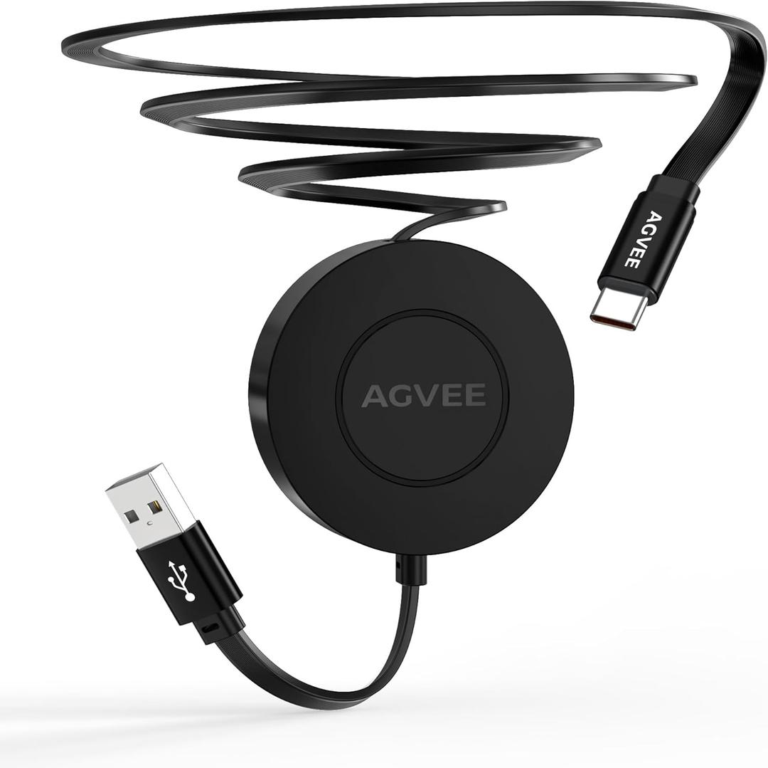 AGVEE 0.3ft Fixed / 2.3ft Extend USB-A to C Charger Cable Mountable One Way Retractable 2.4A Fast Charging Cord, Pocket-Sized for iPhone 16 15, Samsung, Android, Desk Organizer, Black