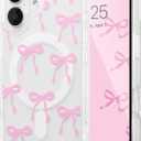 UEEBAI Magnetic for iPhone 16 Plus Case, Bow Case Compatible with MagSafe, Wireless Slim Clear Ribbon Aesthetic Phone Cover Anti-Yellowing Shockproof Protective Cover for Women Girl - Pink