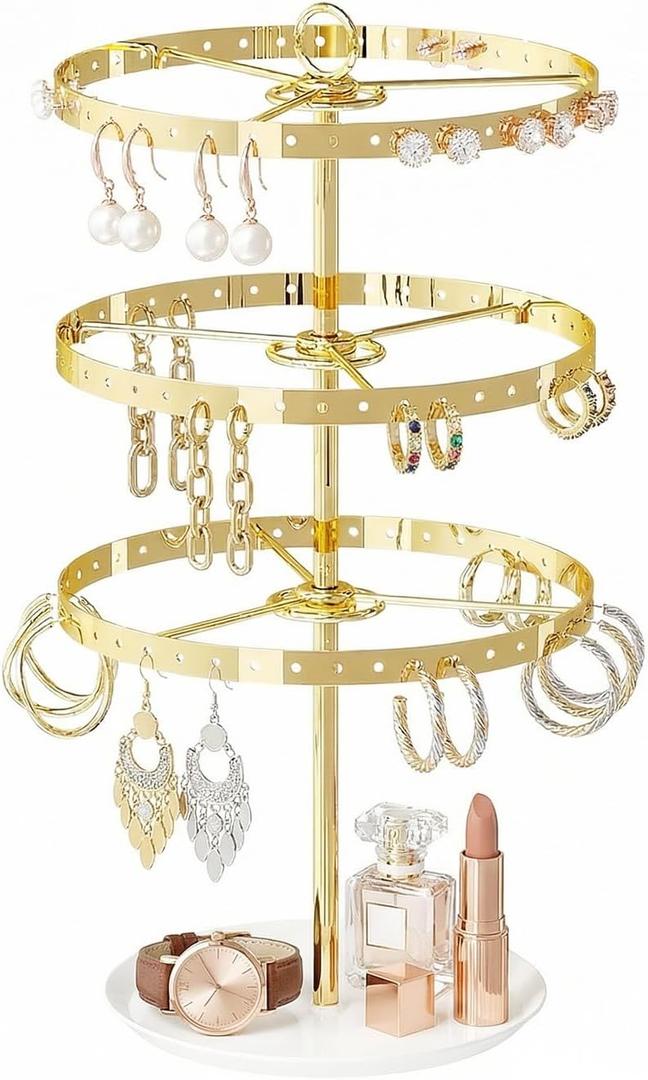 Rotating Earring Holder Organizer,Large and Small Stud Earring Display Tree Stand for Girls Womenm,3 Tiers Hanging Pierced Earring Rack for Selling,Jewelry Storage Stand for Vendors (Golden)