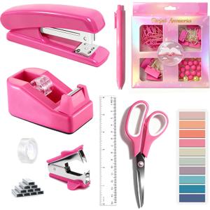 Hot Pink Desk Accessories, Hot Pink Office Supplies Accessories with Tape Dispenser, Stapler, Staple Remover, 1000 Staples, Tape, Clips Set, Ruler, Scissor, Pen