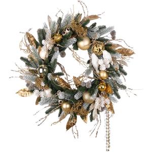 Pre-lit Christmas Wreath 28 Inch, Gold Christmas Wreath with Resin Love Birds Decoration for Home Front Door Porch Wall Winter Xmas Holiday Decor