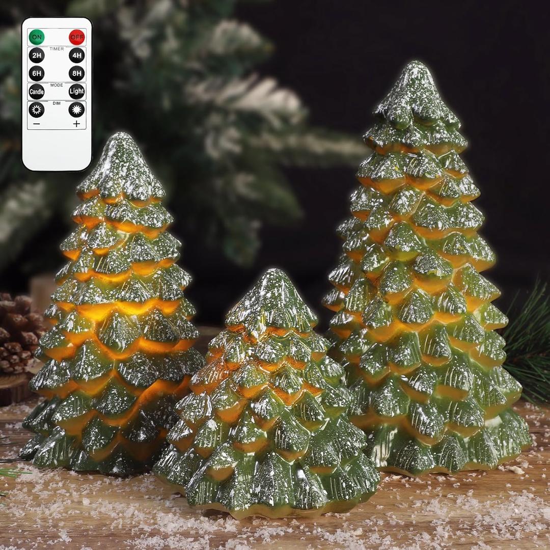 Green Christmas Tree Figurines Hand-Painted Tabletop Tree Flameless Candles Real Wax Flickering LED Battery Operated with Remote Lighted Christmas Tree Decoration for Shelf Fireplace Mantel Holiday