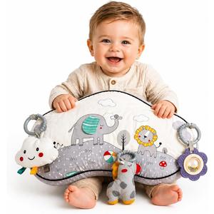 Tummy Time Activity Toy with 3 Detachable Sensory Toys | Baby Tummy Time Pillow for Infants 0-9 Months | Soft Breathable Tummy time Wedge Pillow with Rattle, Crinkle & Teether Toys (Safari Animals)