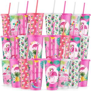 Cholemy 24 Pcs 24 oz Flamingo Plastic Cups with Lids and Straws Flamingo Party Favor Reusable Drinking Tumblers Bulk for Juice Water Coffee Tea Birthday Party Supplies