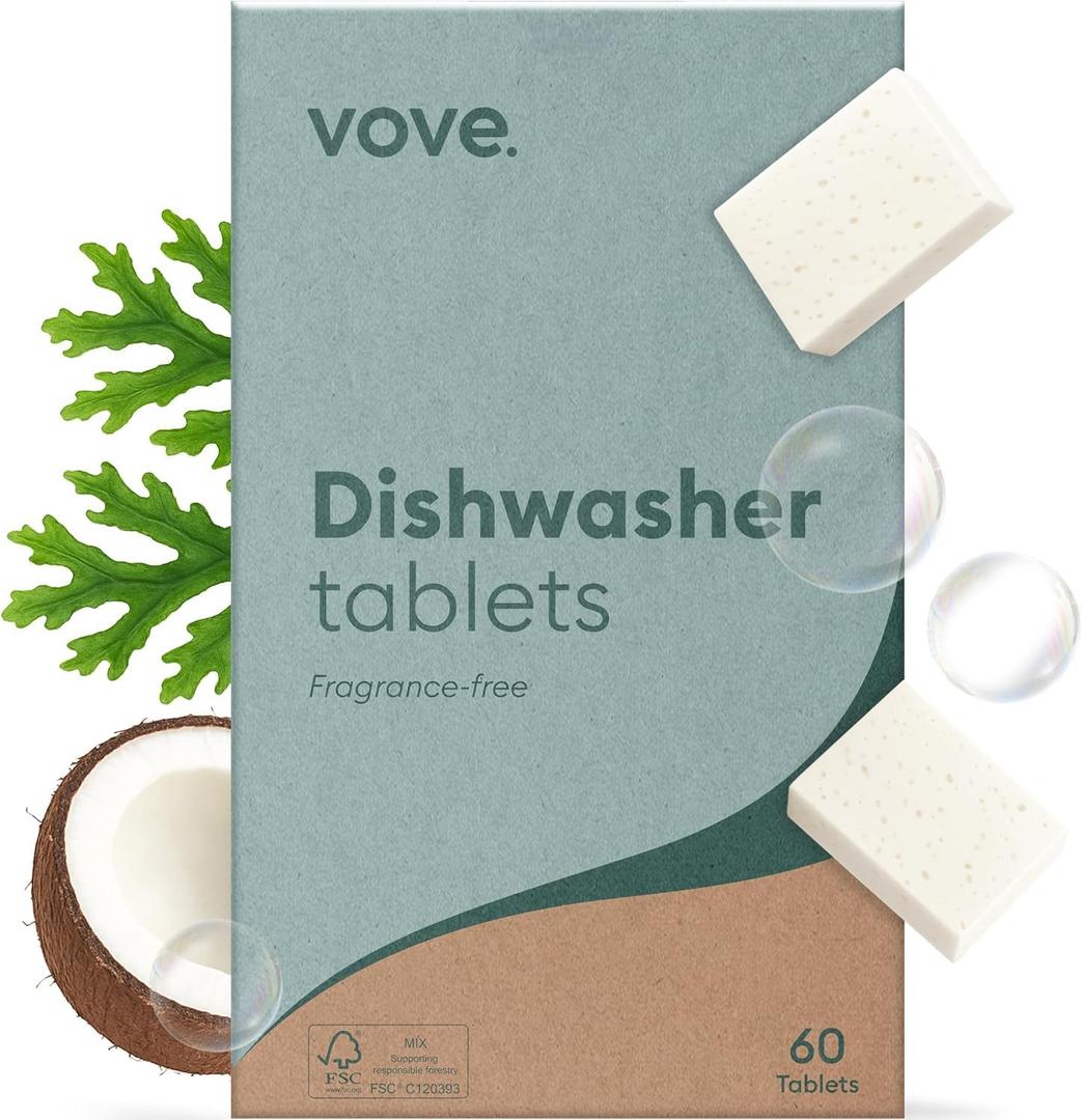 Vove Plastic-Free Dishwasher Detergent Blocs - 60 Ultra-Concentrated Tablets, Better Than Pods & Sheets - 5-Layer PureStack Technology, 2X Enzyme Power, Fragrance Free, Eco-Friendly (60 Count (Pack of 1))