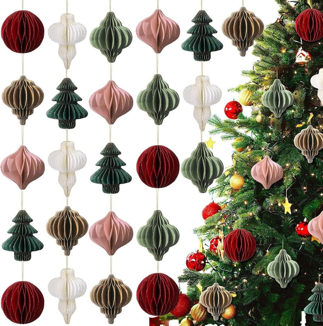 Janinka 24 Pcs Neutral Christmas Paper Honeycomb Ornaments 3D Mini Glitter Edge Honeycombs Lantern Reusable Vintage Christmas Hanging Neutral Ornaments for Modern Home Decor New Year (Bright Color) (6 Styles)