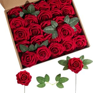 Artificial Flower Foam Rose 25pcs Real Looking Fake Rose with Stems Leaves for Home Decoration Party Garden Centerpieces DIY Wedding BouquetsDark Red