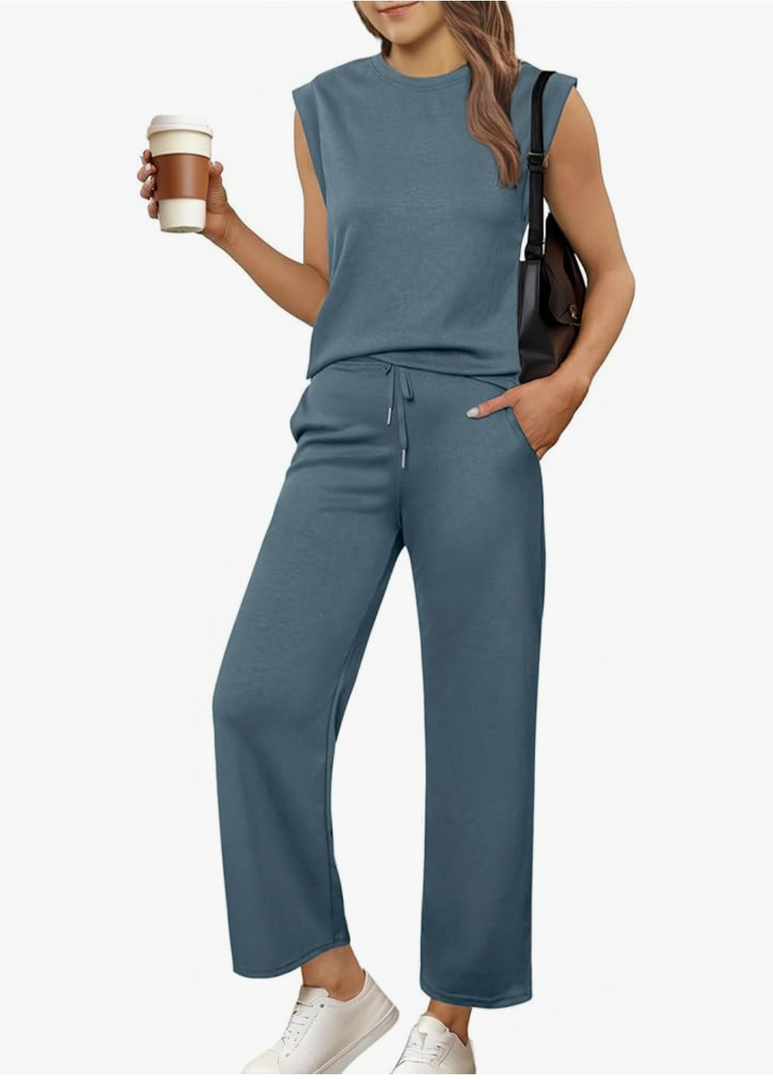 Glamaker Women's 2 Piece Sets Summer Lounge Travel Outfits Sleeveless Wide Leg Airport Casual Trendy Sweatsuits M