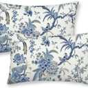 Chinoiserie Spring Pillow Covers 12x20 Set of 2, Birds Bule Floral Farmhouse Decorations Throw Pillow Covers Vintage White Blue Outdoor Decorative Linen Cushion Case for Couch Sofa Home