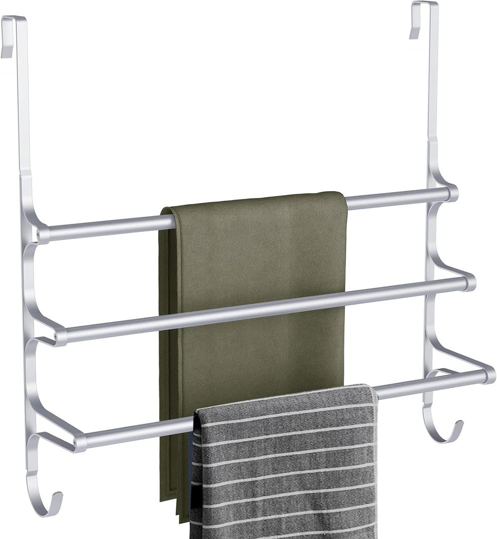 Over The Door Towel Rack, Extendable Triple Towel Storage Holder with Hooks, 24.02 Inches Towel Bar Hanger Towel Racks for Bathroom (Silver)