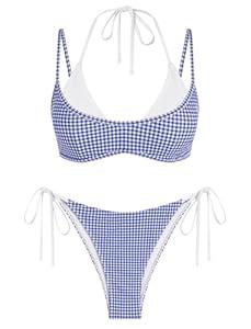 ZAFUL Women's Plaid Bikini Set Colorblock Dual Straps Halter String Tie Side 2 Piece Swimsuit Bathing Suit 0-Blue L
