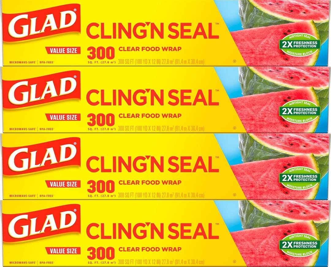 Glad Cling N Seal Plastic Wrap for Food, Airtight Seal, 300 Square Foot Roll (Pack of 4)