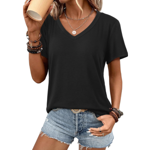 ATHMILE Womens V Neck Short Sleeve Summer T Shirts Curved Hem Plain Top Beach, Size M