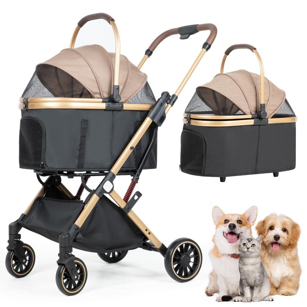 3 in 1 Folding Dog Stroller for Small/Medium Pet with 4 Wheels, Foldable Pet Travel Carrier for Small/Medium Dog Cat Stroller (Khaki)