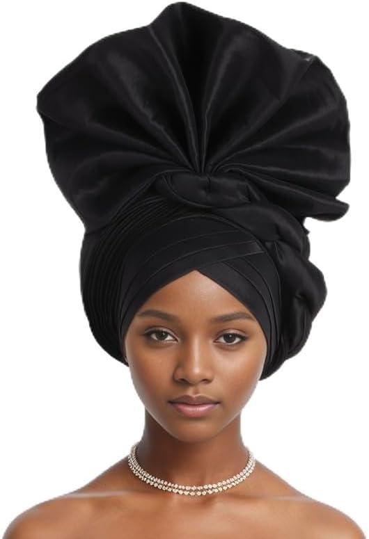 2024 African Female Turban Cap Women's Auto gele Headtie Nigeria Raw Silk Fan Gele Wedding Party Head Wraps Headwear Turbante (Black)