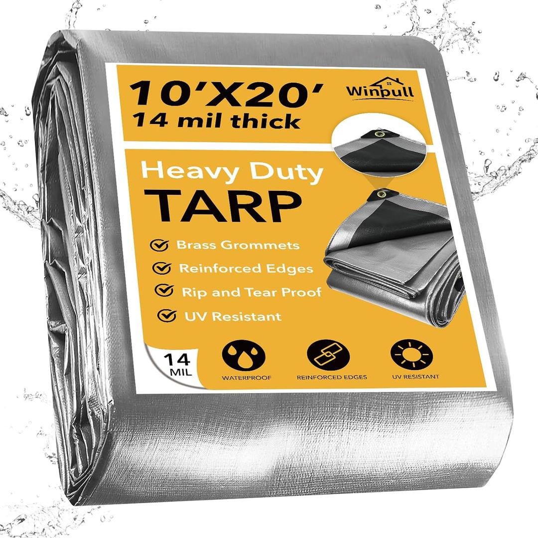 Winpull Tarp 10x20 Feet 14 Mil Heavy Duty Waterproof Tarp, Large Multipurpose Cover with Brass Grommets and Reinforced Edges, UV Resistant Thick Poly Tarps for Outdoor Camping Tent Pool Car