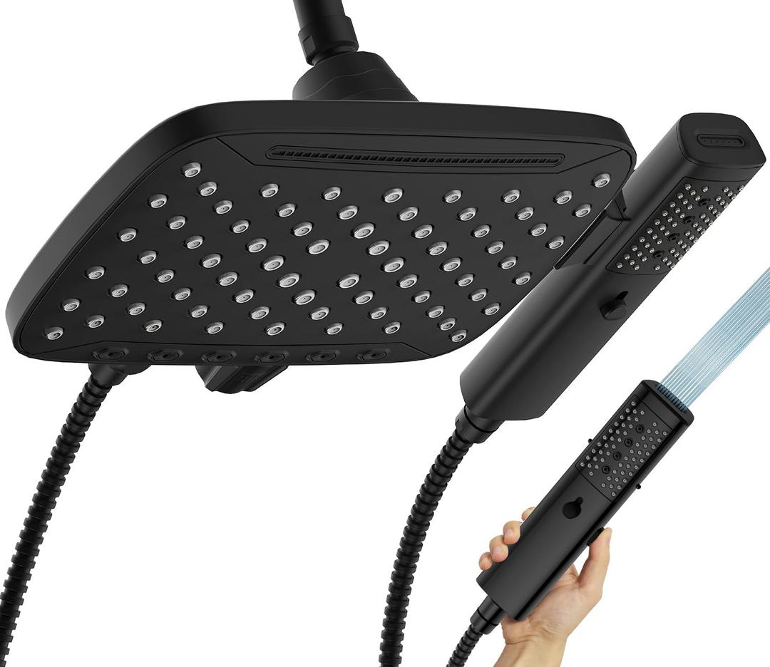 JDO High Pressure Shower Head, 7 Spray Modes Rain Shower Heads with Handheld Spray Combo,Dual Showerhead with 10 Inch Rainfall Spray, Detachable Hand Held Shower, Stainless Steel Hose, Power Wash (Matte Black)