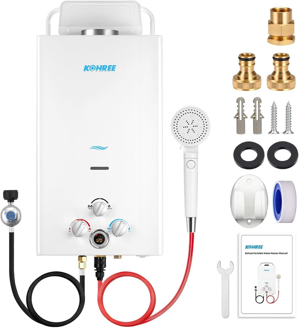 Kohree Tankless Water Heater Propane, 10L 2.64 GPM Portable Tankless Water Heater with Handle, On Demand Instant Hot Water Heater with Overheating Protection, for RV Camping, Pool, Barn & Cabin, White