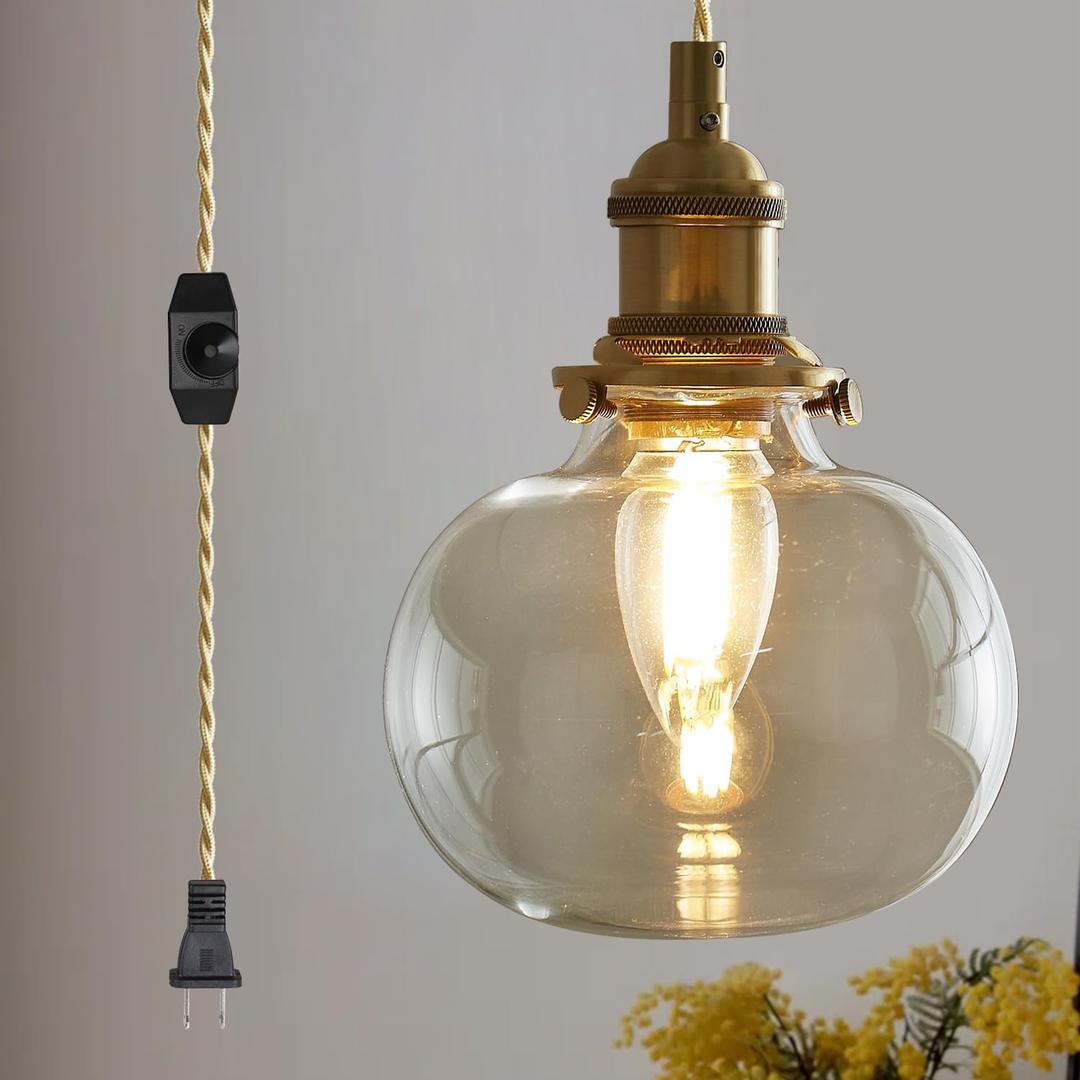 Plug in Glass Pendant Light with Dimmable Switch 4.72" Vintage Hanging Pendant Light Fixtures for Bedside Dining Room Foyer, Brass (Clear A136)