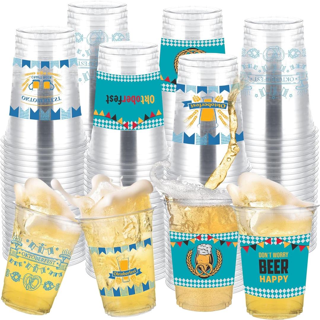 120 Pcs Oktoberfest Plastic Cups 16oz Oktoberfest Party Supplies Disposable Beer Thick Clear Large Capacity Disposable Cups Drinking Mugs for Beer Festival Carnival Party Supplies, 3 Styles