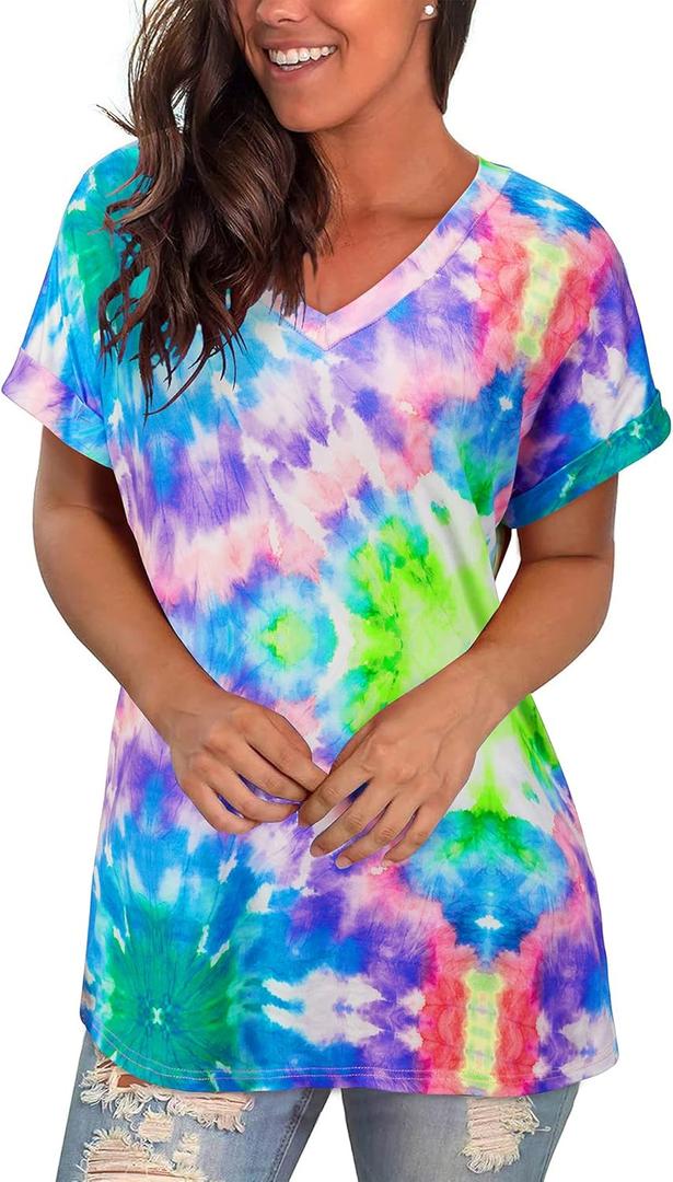 GOOTUCH Womens Summer Tops Tie Dye Short Sleeve Shirt V Neck T Shirts Casual Loose fit Blouses (S)