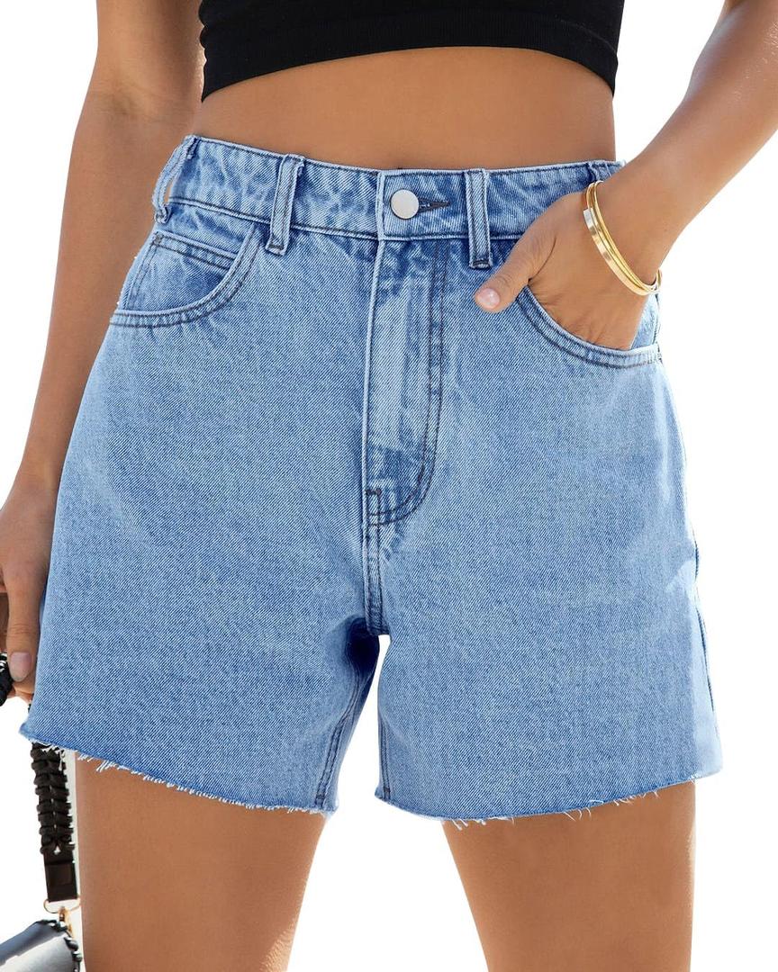 Goranbon Womens High Waisted Jean Shorts Straight Leg Raw Hem Retro Denim Shorts Summer Hot Pants with Pockets (Blue)