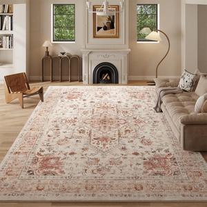 8x10 Orange Washable Area Rug for Living Room, Vintage Print