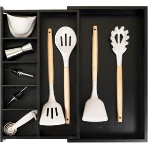 KitchenEdge Adjustable Kitchen Drawer Organizer for Utensils and Junk, Food-Safe Contract Grade with 100% Sustainable Wood, Expandable from 10.5 to 19 Inches Wide - Black Bamboo