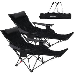 Portable Reclining Camping/Lounge Chair for Outdoor (2, Black) | Soft Cushion, 4-Position Backrest, Removable Footrest, Cup Holder & Versatile Carry Bag