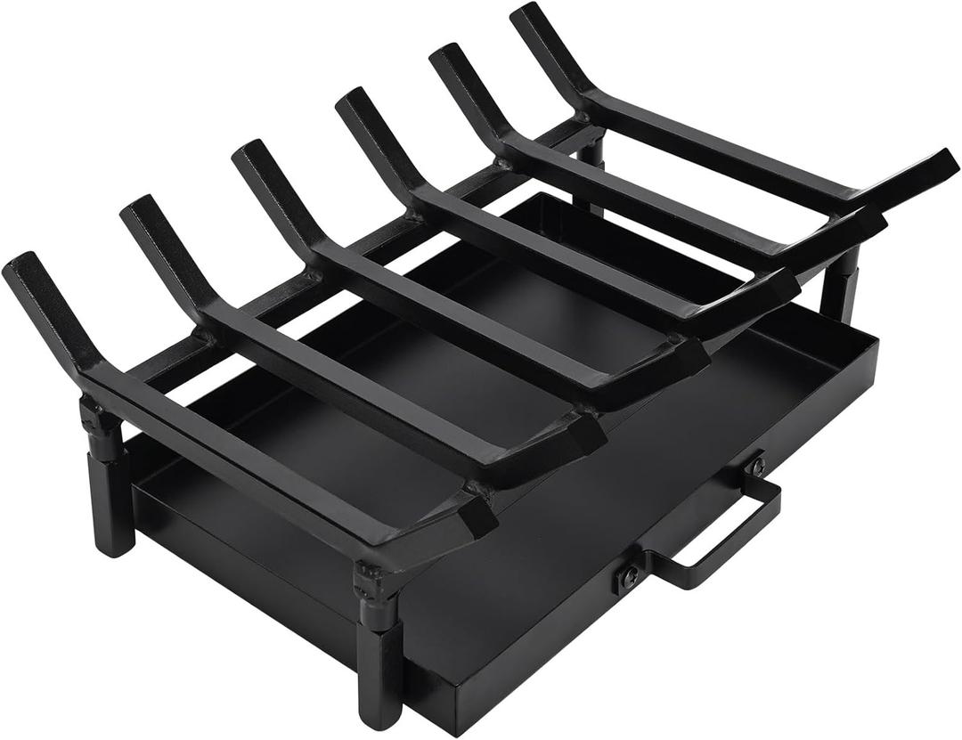 Fireplace Grate 17 Inch with Fireplace Tray Ash Pan,Fireplace Log Holder,Easy-Assembly Fireplace Grates Heavy Duty Cast Iron,Fireplace Tray for Ash Collection with Handle for Indoor Outdoor Firepit