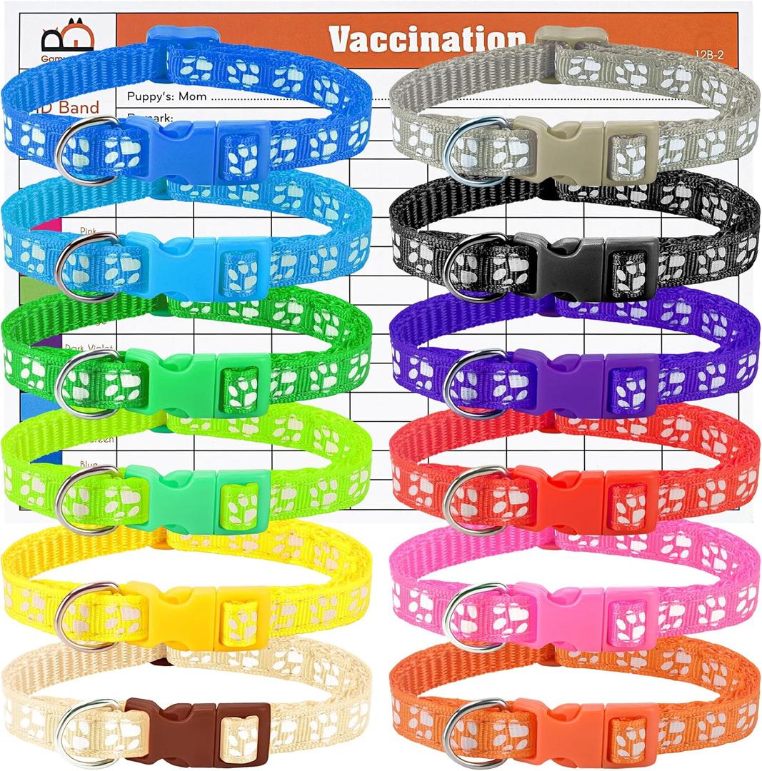 GAMUDA Puppy Collars, Super Soft Nylon Adjustable Whelping ID Bands, Footprint Pattern Litter Set