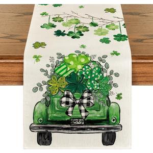 Artoid Mode Truck Shamrock Eucalyptus St. Patrick's Day Table Runner, Seasonal Spring Kitchen Dining Table Decoration for Home Party Decor 13x90 Inch (Beige/Green)