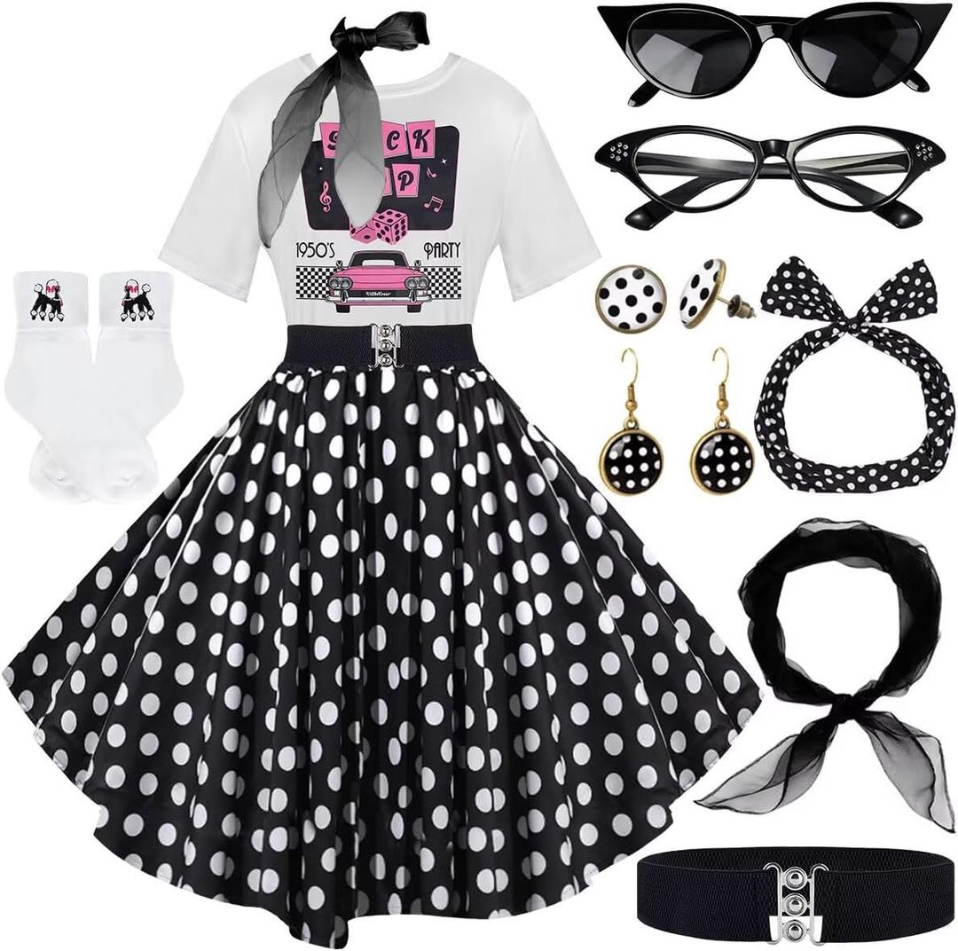 10Pcs Sock Hop Outfits Women, 1950s Poodle Skirts, T-Shirt with 50s Accessories Socks Scarf Headband Belt Earring, M