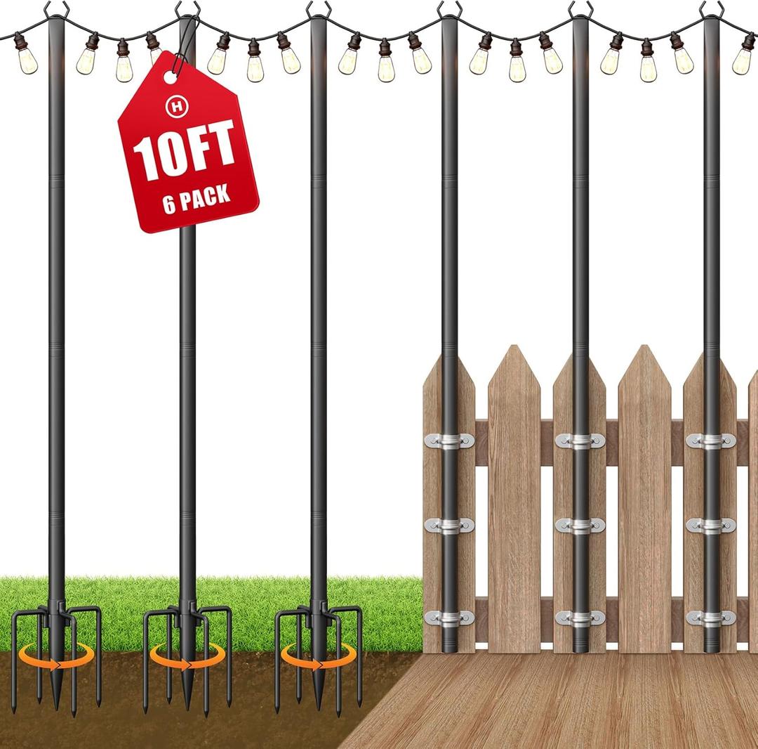 6 Pack String Light Poles for Outside, 10Ft Adjustable Outdoor Light Poles for String Lights, Outdoor Lighting Stand with Fork for Patio, Deck, Backyard, Garden, Party & Wedding