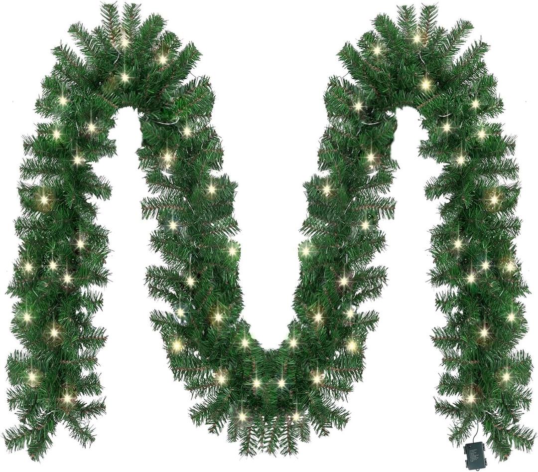 MorTime 17.7 FT LED Christmas Garland, Pre-Lit Artificial Garland for Indoor Outdoor Christmas Decorations Multi-Function Christmas Garland with 100 Warm White LED Lights