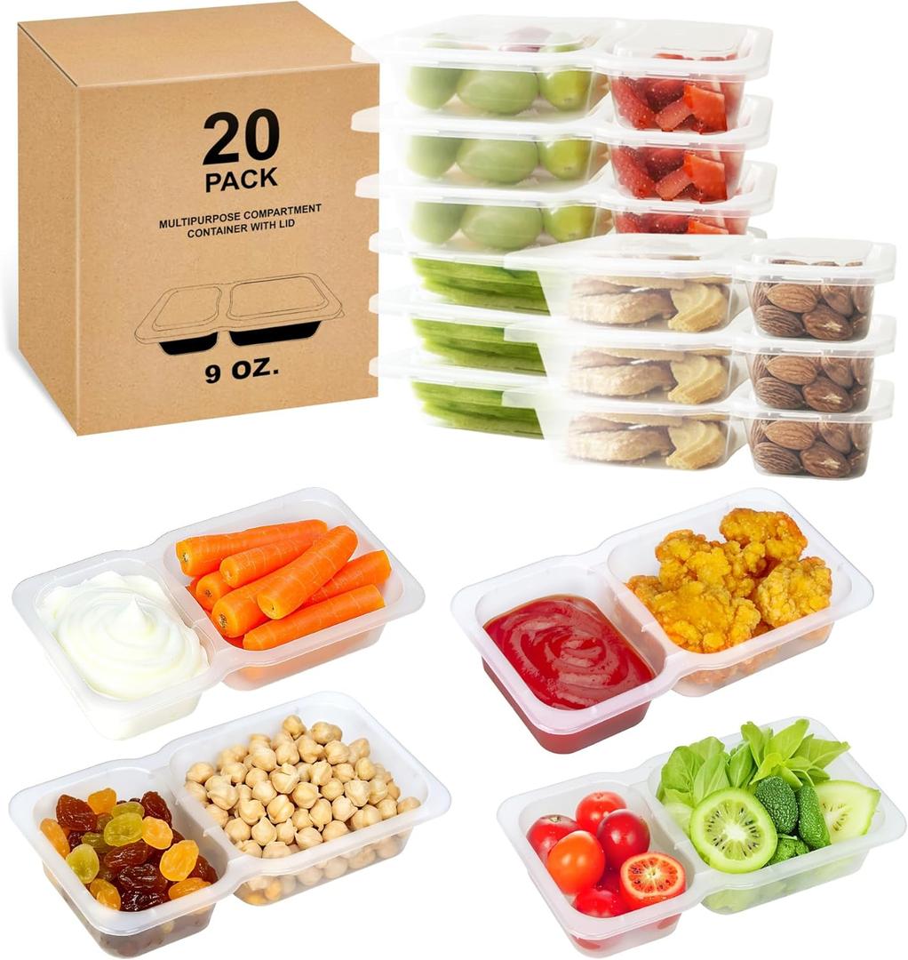 Double Compartment Snack Containers, 9 oz Reusable 2 Compartments Snack Containers with Lids (Pack of 20) , Clean 