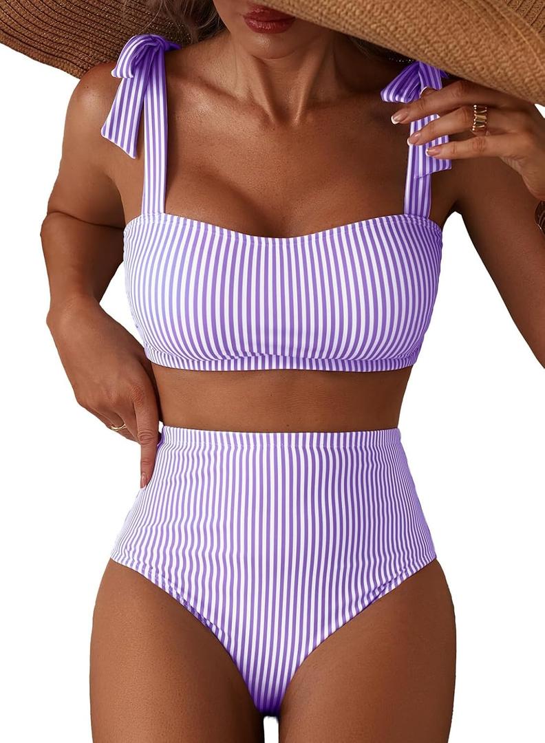 Herseas Women's Tie Shoulder Bikini Sets 2 Piece Striped Swimsuits High Waisted Bathing Suits (Large)