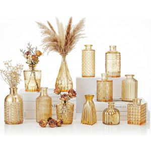 12 Pcs Clear Bud Vases Set, Small Vintage Glass Clear Bud Flower Vases Bulk Multiple Shape Cute Mini Glass Bottles Vases for Rustic Wedding Centerpieces Table Decorations and Home Decor (12, Gold)