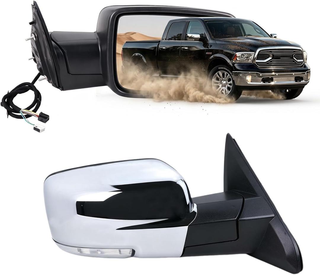Right Passenger Side Door Mirror Compatible With 2013-2018 Ram 1500 2500 3500 With Power Folding Power Glass Heated Turn Signal Puddle Lights Chrome Replace#68096196AF(9+2Pins), R-11Pins