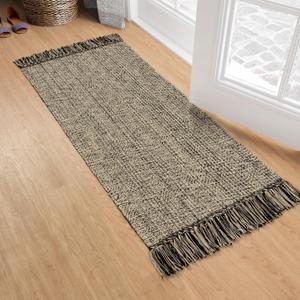 Collive Kitchen Runner Rug, 2x4.3 Hand-Woven Reversible Washable Bathroom Runner Rug for Entryway, Natural/Black Cotton Woven Boho Farmhouse Front Door Rug for Bedroom Entry Kitchen Floor Door Decor