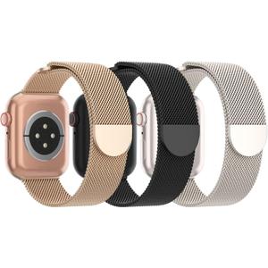 3 Pack Mesh Metal Band Compatible with Apple Watch Band 44mm 45mm 46mm 49mm, Stainless Steel Magnetic Loop Strap for iWatch Ultra 3 2 1 Series 11/10/9/8/SE/7/6/5/4/3 Men Women (D-Champagne Gold/Black/Starlight)
