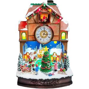 MOMENTS IN TIME Christmas Village Cuckoo Clock Animated Santa & Tree Scene with LED Lights and Music Plug-in Adapter Holiday Tabletop Decoration (17.5H)