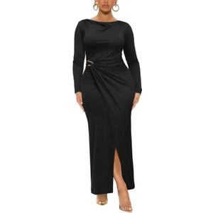 Ekaliy Women's Elegant Bodycon Maxi Dress Long Sleeve Party Cocktail Wedding Guest Dress (Black, XL)