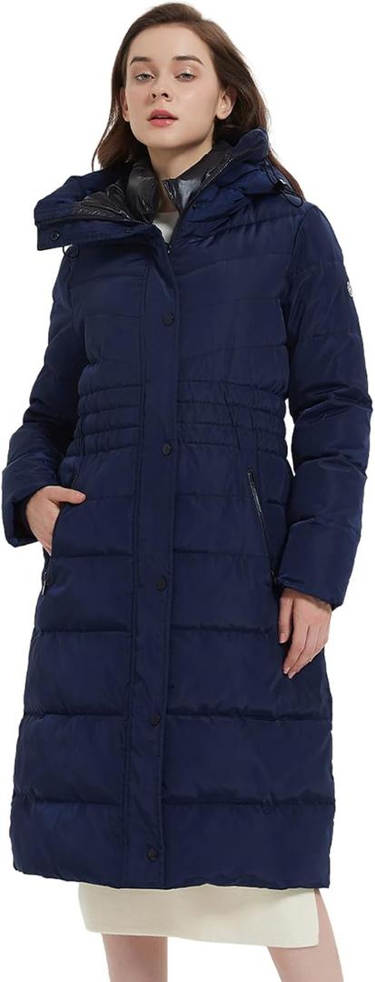 IKAZZ Thickened Vegan Down Jacket, Women's Long Winter Warm Lightweight Skiing Insulated Coats with Hood, Thick Parka Design, Water-Repellent and Snow-Proof for Outdoor Adventures, Navy XS