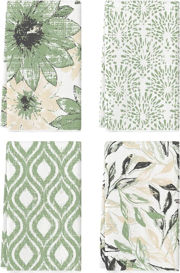 Artoid Mode Green Floral Leaves Boho Kitchen Towels Dish Towels, 18x26 Inch Seasonal Spring Summer Decoration Hand Towels Set of 4