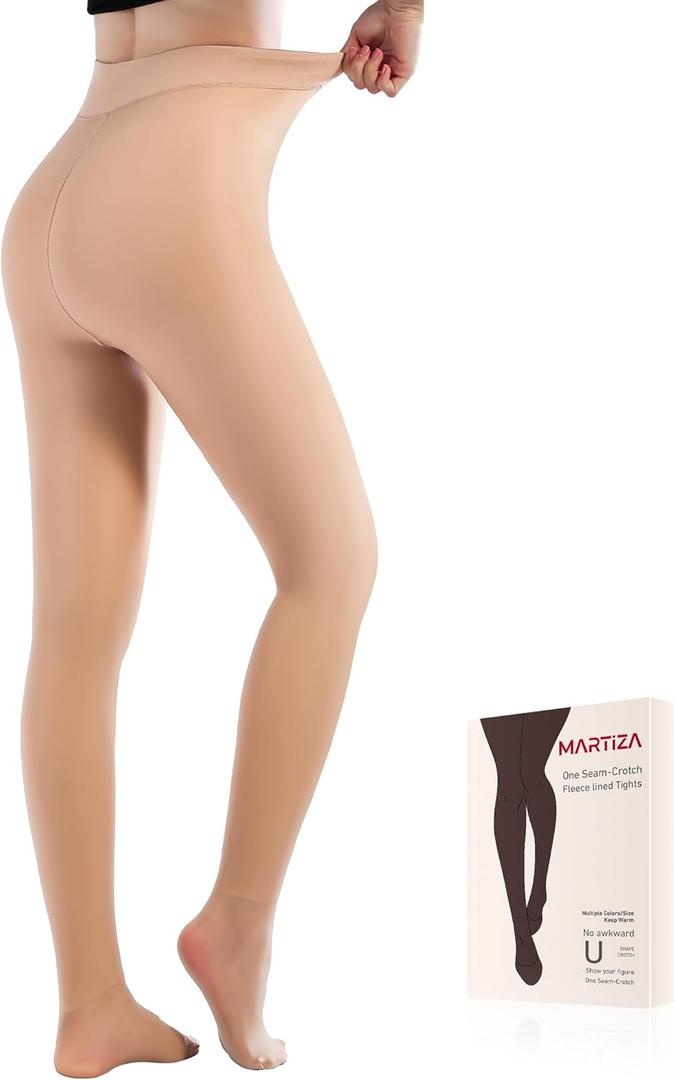 MARTIZA Fleece Lined Tights for Women, Fake Translucent Winter Thermal Pantyhose, Warm Thick High Waist Leggings (Large Plus)
