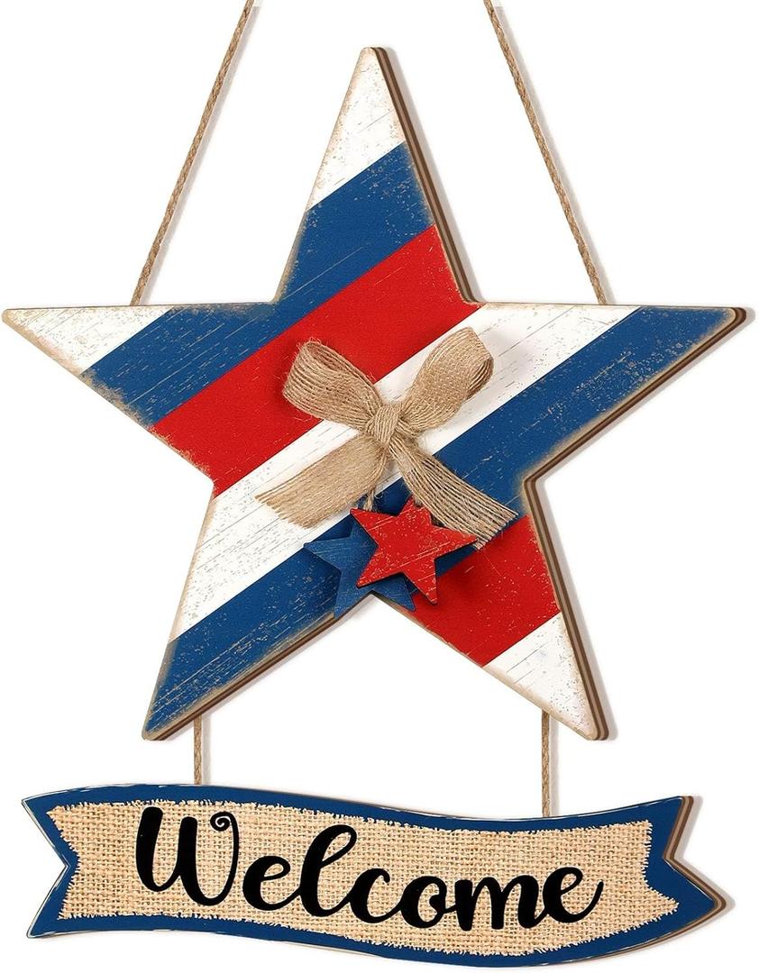 Lineshading 4th of July Door Decorations Patriotic Welcome Wreath for Front Door 250th Anniversary Hanging Sign Wooden Red White Blue Star Sign with Bow for Memorial Day Home Wall Indoor Porch Window