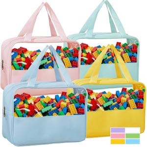 4-Pack Toy Storage Bags with Zipper, Clear Pvc Organizing Bags, Toy Organizer Bag with Portable Handheld Device, Toy Bag for Board Games Clay, Building Blocks, Toys