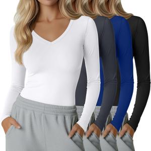 Neer 4 Pack Women's Workout Tops Long Sleeve Compression Shirt Athletic Tight V Neck T Shirt Gym Yoga Running Lightweight Tee (S)